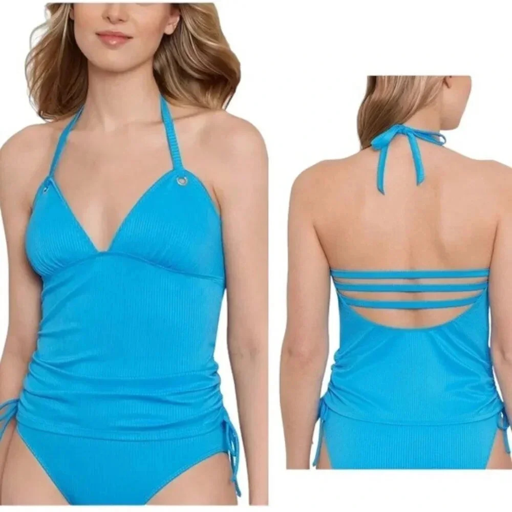 NWT Salt + Cove Ribbed Shirred Halter Tankini Swimsuit Top Cerulean Blue Size XL